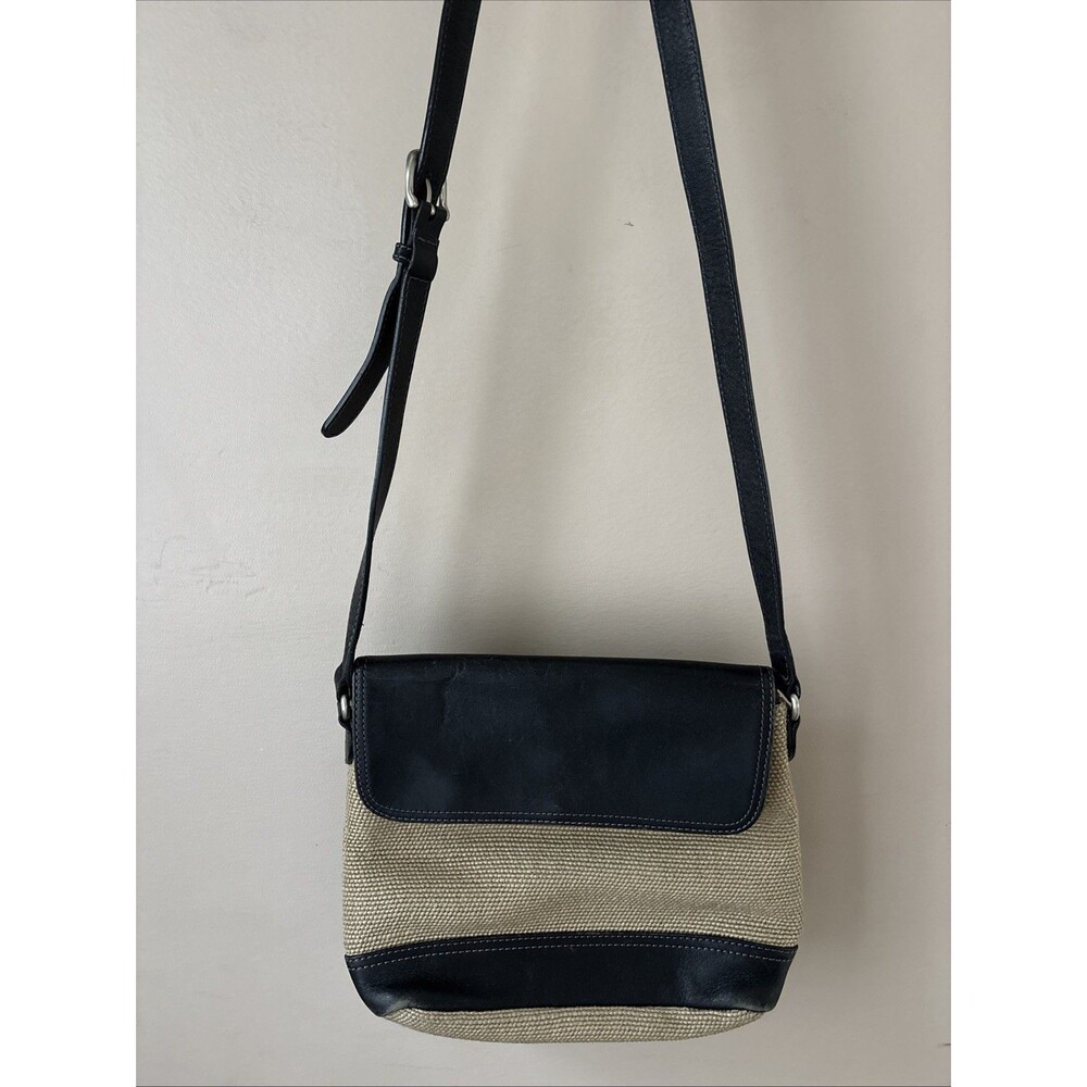 Freeport Studio Crossbody Bag Black Tan Canvas Leather Woven Purse